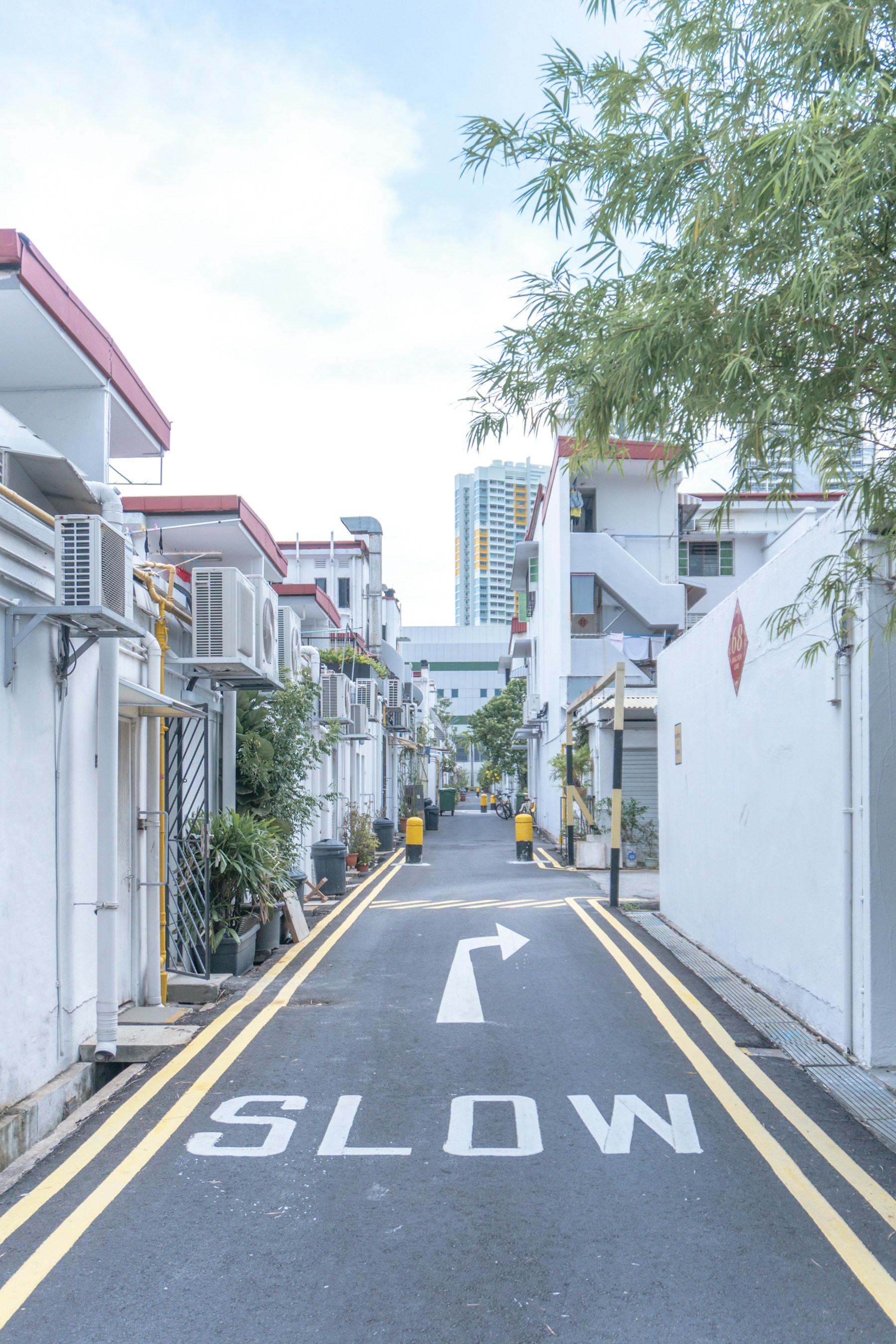 Urban street scene shaped by shadows
