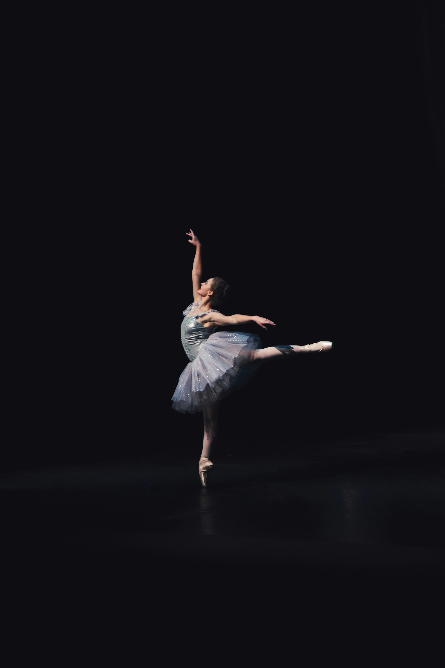 Ballet dancer extending one arm under a stage light